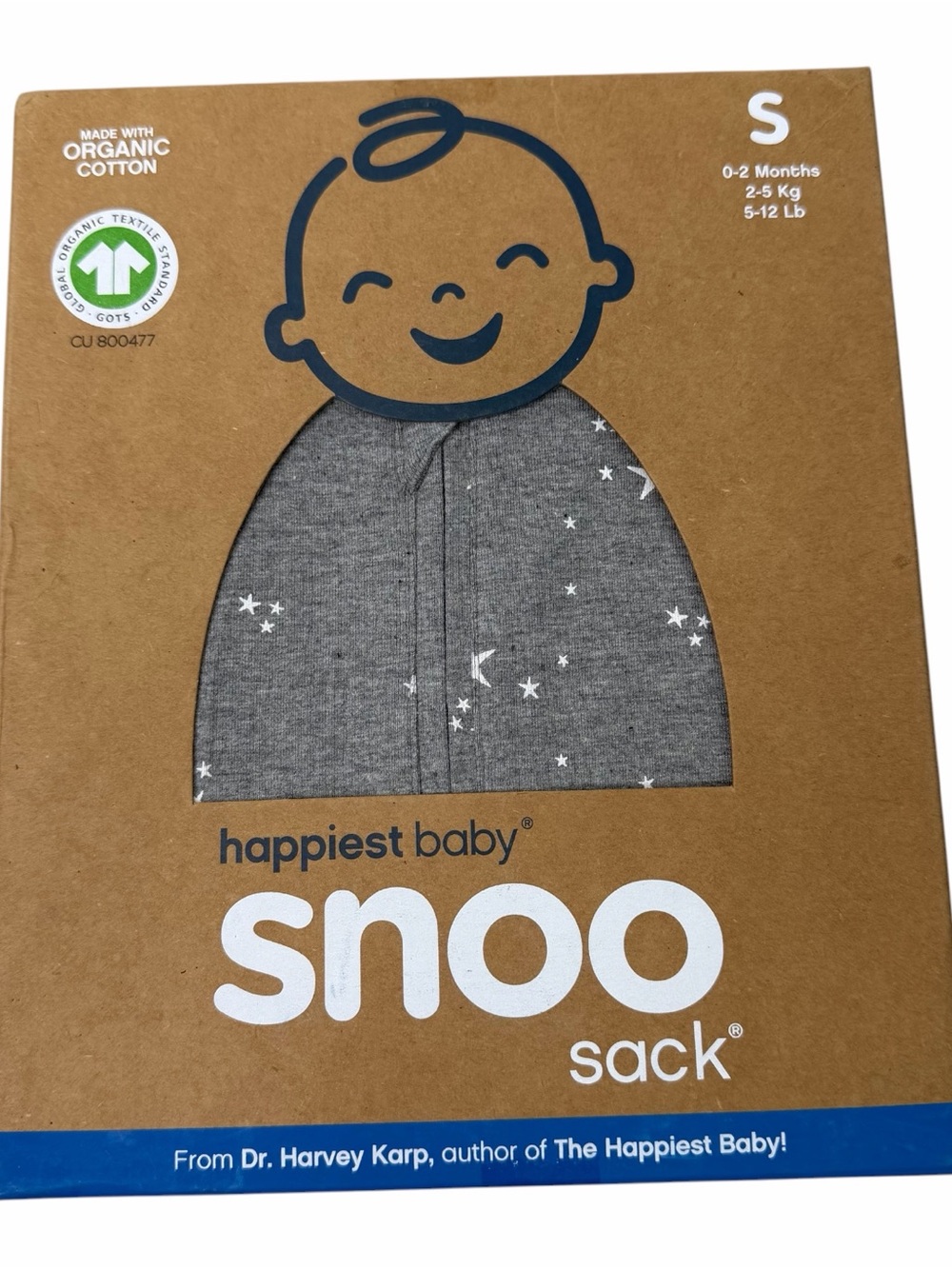 Happiest Baby Snoo Sack Gray White Stars Small 0-2 Months Organic Cotton NEW